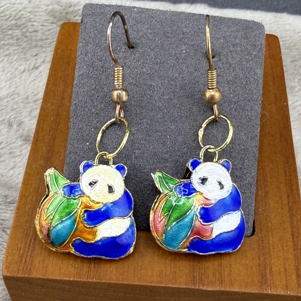 Vintage Cloisonne Earrings Gold Tone Enamel Panda Bear